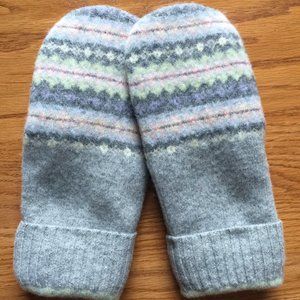 Felted 100% Lambswool Mittens from Repurposed Sweater - Soft Grey Print